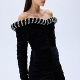 Black Crepe Mini Dress With Crystal Rope Bustline