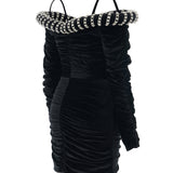 Black Crepe Mini Dress With Crystal Rope Bustline
