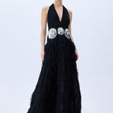 Black Maxi Dress With Laser Cut Chiffon Skirt And Patent Flower Detail