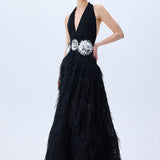 Black Maxi Dress With Laser Cut Chiffon Skirt And Patent Flower Detail