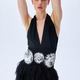 Black Maxi Dress With Laser Cut Chiffon Skirt And Patent Flower Detail
