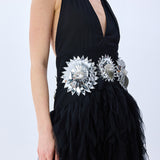 Black Maxi Dress With Laser Cut Chiffon Skirt And Patent Flower Detail