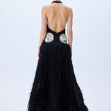 Black Maxi Dress With Laser Cut Chiffon Skirt And Patent Flower Detail