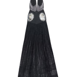 Black Maxi Dress With Laser Cut Chiffon Skirt And Patent Flower Detail