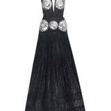 Black Maxi Dress With Laser Cut Chiffon Skirt And Patent Flower Detail