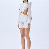 White Sequined Chiffon Cutout Mini Dress With Patent Flowers