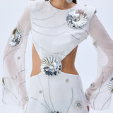 White Sequined Chiffon Cutout Mini Dress With Patent Flowers