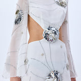 White Sequined Chiffon Cutout Mini Dress With Patent Flowers
