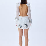 White Sequined Chiffon Cutout Mini Dress With Patent Flowers