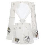 White Sequined Chiffon Cutout Mini Dress With Patent Flowers