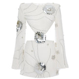 White Sequined Chiffon Cutout Mini Dress With Patent Flowers