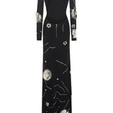 Black Sequined Jersey Maxi Dress With Patent Flowers And Big Shoulders