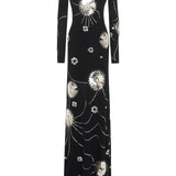 Black Sequined Jersey Maxi Dress With Patent Flowers And Big Shoulders