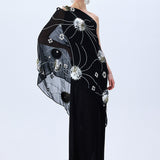 One Shouldered Black Sequined Chiffon Dress With Patent Flowers