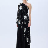 One Shouldered Black Sequined Chiffon Dress With Patent Flowers