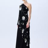 One Shouldered Black Sequined Chiffon Dress With Patent Flowers