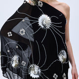 One Shouldered Black Sequined Chiffon Dress With Patent Flowers