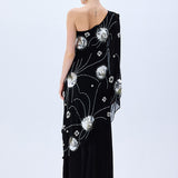 One Shouldered Black Sequined Chiffon Dress With Patent Flowers
