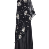One Shouldered Black Sequined Chiffon Dress With Patent Flowers