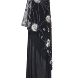 One Shouldered Black Sequined Chiffon Dress With Patent Flowers