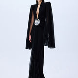 Black Jersey Dress With Patent Flower Belt Detail And Pleated Chiffon Sleeves
