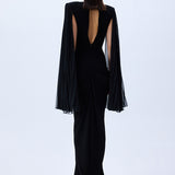 Black Jersey Dress With Patent Flower Belt Detail And Pleated Chiffon Sleeves