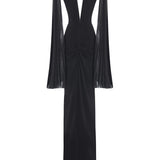 Black Jersey Dress With Patent Flower Belt Detail And Pleated Chiffon Sleeves