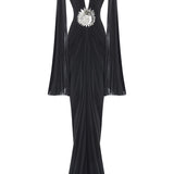 Black Jersey Dress With Patent Flower Belt Detail And Pleated Chiffon Sleeves
