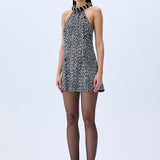 Silver Sequined Black Halter Neck Mini Dress With Crystal Rope Neckline