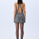 Silver Sequined Black Halter Neck Mini Dress With Crystal Rope Neckline