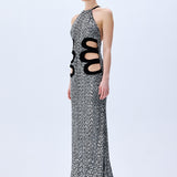 Silver Sequined Dress With Black Velvet Cutout Detail
