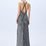 Silver Sequined Dress With Black Velvet Cutout Detail