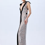 Silver Sequined Dress With Slit And Black Velvet Borderline And Bow Detail