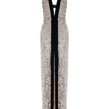 Silver Sequined Dress With Slit And Black Velvet Borderline And Bow Detail