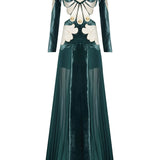 Green Velvet Maxi Dress With White Velvet Embroidery And Gold Buttons