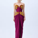 Burgundy Strapless Satin Gown With Orange Velvet Flower Embroidery