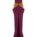 Burgundy Strapless Satin Gown With Orange Velvet Flower Embroidery