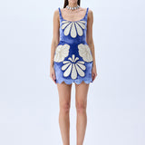 Indigo Velvet Mini Dress With White Velvet Crystal Embellished Embroidery
