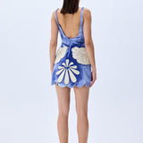 Indigo Velvet Mini Dress With White Velvet Crystal Embellished Embroidery