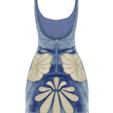 Indigo Velvet Mini Dress With White Velvet Crystal Embellished Embroidery
