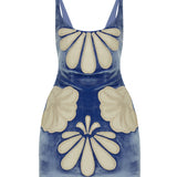 Indigo Velvet Mini Dress With White Velvet Crystal Embellished Embroidery