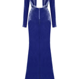Indigo Velvet Maxi Dress With Cutout Detail And Cyrstal Belt