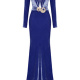Indigo Velvet Maxi Dress With Cutout Detail And Cyrstal Belt