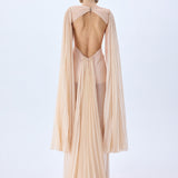 Champagne Pleated Chiffon Maxi Dress With Crystal Belt And Mini Dress Lining