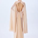 Champagne Pleated Chiffon Maxi Dress With Crystal Belt And Mini Dress Lining