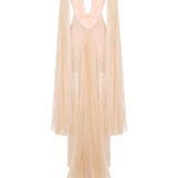Champagne Pleated Chiffon Maxi Dress With Crystal Belt And Mini Dress Lining