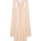 Champagne Pleated Chiffon Maxi Dress With Crystal Belt And Mini Dress Lining