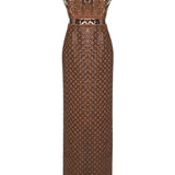 Brown Sequined Net Dress With Velvet Lining And Patent Flowers