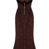Brown Sequined Net Midi Dress With Silk Velvet Borders