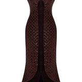 Brown Sequined Net Midi Dress With Silk Velvet Borders